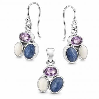 Set: earrings + pendant made of 925 silver with colorful stones, in two color variations