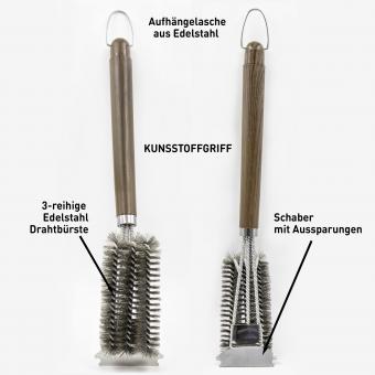 Drahtborsten Grillbürste mit Schaber 3-fach Reinigungsbürste, 41 cm
