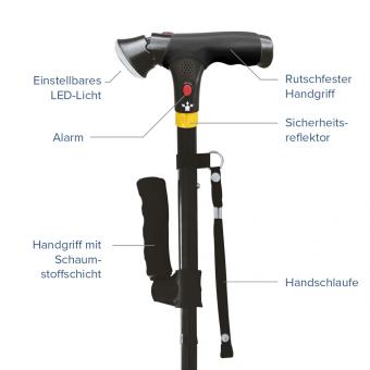 StabilStock - Stabilgehstock mit Doppelgriff, LED & 4-Fuß-Stand für Sicherheit