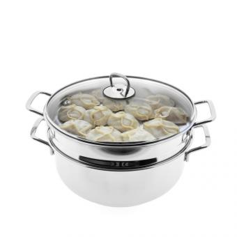 B-WARE Mantowarka: Ø 30 cm, 6-tlg Set aus Edelstahl | Russische Mantovarka mit Dampfeinsatz für hochwertige traditionelle Manty | Dampfkochtopf Mantykocher auch für Induktionsherd | Durchmesser 30 cm