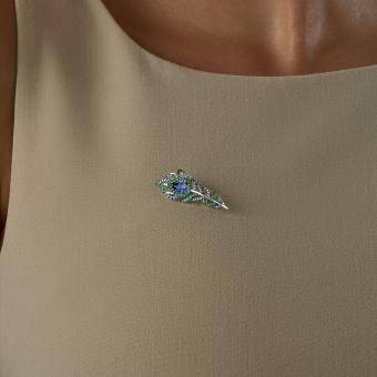 Брошь "Перо павлина" из серебра 925 пробы с фианитами, длина ≈ 36 мм