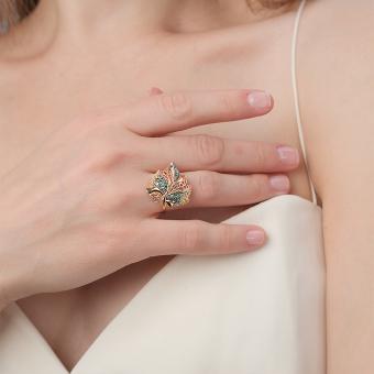 Damenring in Blattform aus 585 Rotgold mit Zirkonia, Breite ca. 20 mm