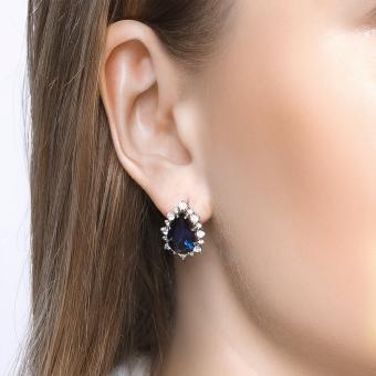 Серебряные серьги с корундом сапфировым (синт.) и фианитами