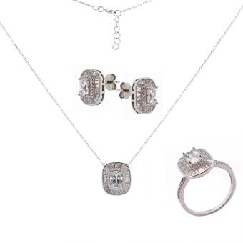 Schmuckset aus 925 Silber mit Zirkonia: Ohrstecker +Kette mit Anhänger +Ring