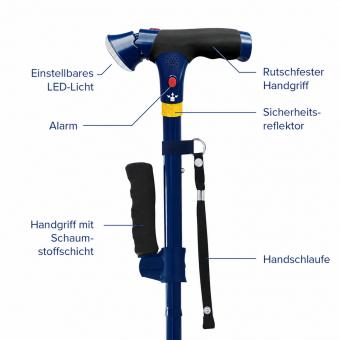 StabilStock - Stabilgehstock mit Doppelgriff, LED & 4-Fuß-Stand für Sicherheit (navy)