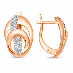 Оригинальные серьги из красное золото 585 пробы с фианитами, высота ≈ 18 мм