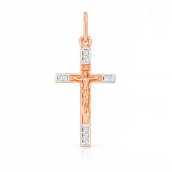 Attraktiver Anhänger - Kreuz aus 585er Rot- und Weißgold, mit beidseitiger Gravur und Einlagen aus 9 Zirkonia, Höhe ≈ 25 mm.