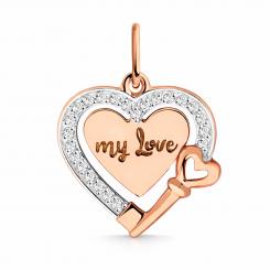 Подвеска сердце с фианитами и гравировкой из красного золота 585 пробы
