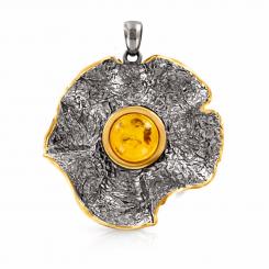 Pendant in silver 925, gold-plated, with amber, Ø approx. 35 mm, height approx. 42 mm