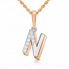 Кулон буква "N" из красного/белого золота 585 пробы, с фианитами, высота ок. 21 мм