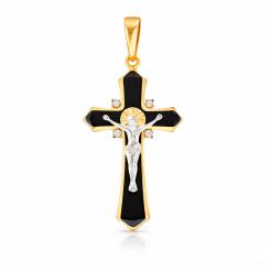 Beautiful cross pendant in yellow/white gold 585, with black enamel and 4 zirconia, height approx. 47 mm
