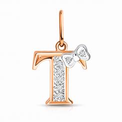 Кулон буква «Т» из красного/белого золота 585 пробы, с фианитами, высота ок. 17 мм