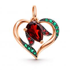 Charming heart-shaped pendant, Russian rose gold 585, with garnet - size approx. 7x5 mm, with 10 green and 4 red zirconia, height approx. 19 mm