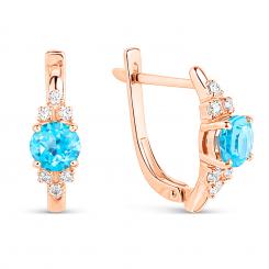 Серьги из красного золота 585 пробы с фианитами и голубыми топазами
