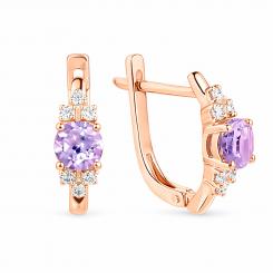 Graceful earrings, red gold 585, with amethyst and zirconia, height about 16 mm.