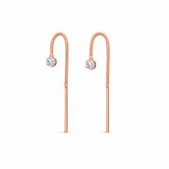 Серьги-протяжки из красного золота 585 пробы с фианитом, длина около 55 мм