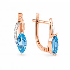 Beautiful earrings in red gold 585, with blue topaz and brilliant-cut diamonds 0.07 ct. WSI, height about 14 mm