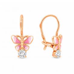 Прекрасные серьги в форме бабочек из красного золота 585 пробы, с эмалью и фианитами, высотой ≈ 16 мм. 