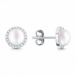 Серьги-гвоздики, серебро 925 пробы, с жемчугом и фианита, диаметр ок. 9 мм