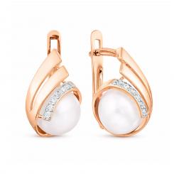 Charming earrings, Russian red gold 585, with 12 cubic zirconia and pearls - size approx. 8-8.5 mm, height approx. 20 mm