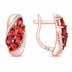 Яркие серьги из красного золота 585 пробы, инкрустированные гранатами и фианитами, высота ≈ 17 мм.