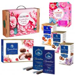 Geschenkbox "Süßer Luxus": Vdohnovenije Pralinen, Schokolade, Sefir & Lovaré Blumentee