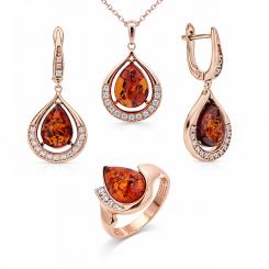 Jewelry set in 925 silver with amber: earrings + pendant + ladies' ring