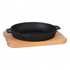 Чугунная сервировочная сковорода, с деревянной сервировочной доской, 20 x 4 см