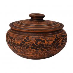Keramik-Wurstbräter (Kowbasnik) aus Naturton mit Deckel, mit Dekor, 2 L