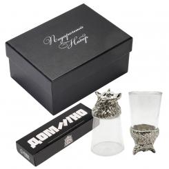 Подарочный набор 3-в-1 «Серебряный волк» – 2 рюмки 30 мл + домино