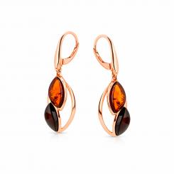 Серьги из серебра 925 пробы с янтарем коньячного и вишневого цвета, позолота