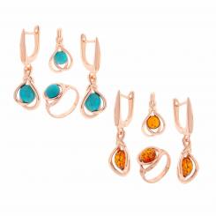Jewelry set in 925 silver with cognac amber or turquoise, rose gold-plated