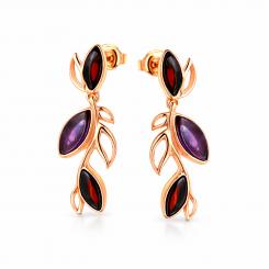 Stecker-Ohrhänger rotvergoldet aus 925 Silber mit Kirschbernstein und Amethyst