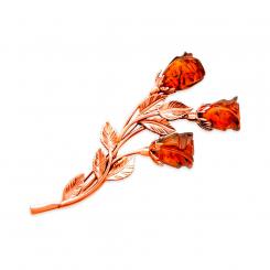 Брошь из позолоченного серебра 925 пробы в форме букета тюльпанов с янтарными камнями