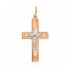 Подвеска в виде креста из красного золота 585 пробы с гравировкой