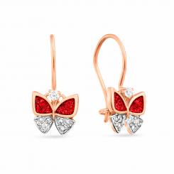 Children's earrings butterfly in 585 rose gold with zirconia and red enamel