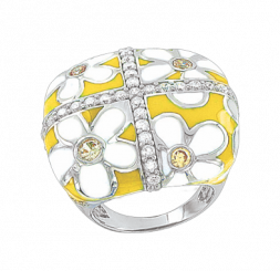 Damenring aus Silber 925 mit gelber und weißer Emaille, und gelben und farblosen Zirkonia