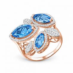 Wunderschöner Damenring aus 585er Rotgold mit Zirkonia und Blau Topas