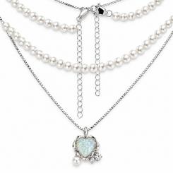 Multi-row necklace in 925 silver with heart pendant, pearls and opal