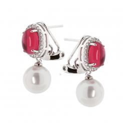 Серьги из серебра 925 пробы с жемчугом и зелеными или красными фианитами