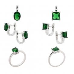 Jewelry set in 925 silver with green zirconia: earrings + pendant + ladies' ring