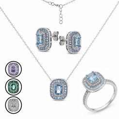 Schmuckset aus 925 Silber mit Zirkonia: Ohrstecker +Kette mit Anhänger +Ring