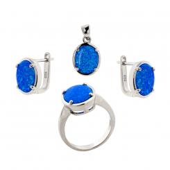 Schmuckset aus 925 Silber mit blauem Opal: Ohrringe + Anhänger + Damenring