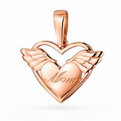 Подвеска "Мама" в форме сердца с крыльями ангела из красного золота 585 пробы ко Дню матери