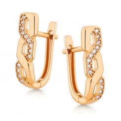 Плетеные серьги из красного золота 585 пробы с фианитами