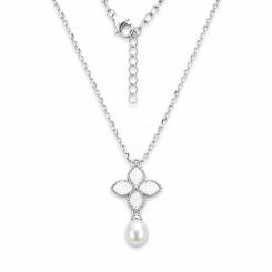 Collier mit einem Blumenanhänger mit Perle aus 925 Silber, Diamantschliff