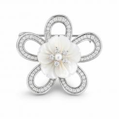 Elegante Blumenbrosche aus 925er Silber mit Zirkonia, Perle und Perlmutt