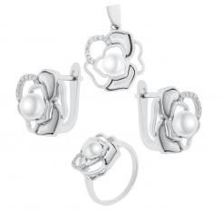 Schmuckset aus 925 Silber mit Perlen: Ohrringe + Anhänger + Damenring