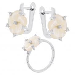 Schmuckset aus 925 Silber mit weißer Emaille: Ohrringe + Damenring