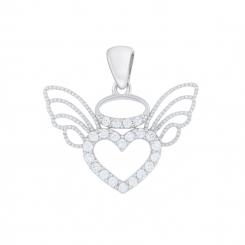 Herzförmiger Anhänger mit Engelsflügeln aus 925 Silber mit Zirkonia + Silberkette Gratis